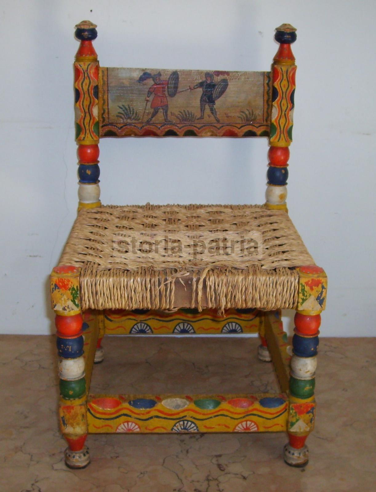 Arte Popolare Italiana, Antica Ebanisteria, Piccola Sedia Impagliata, Dipinta, Bella immagine 2