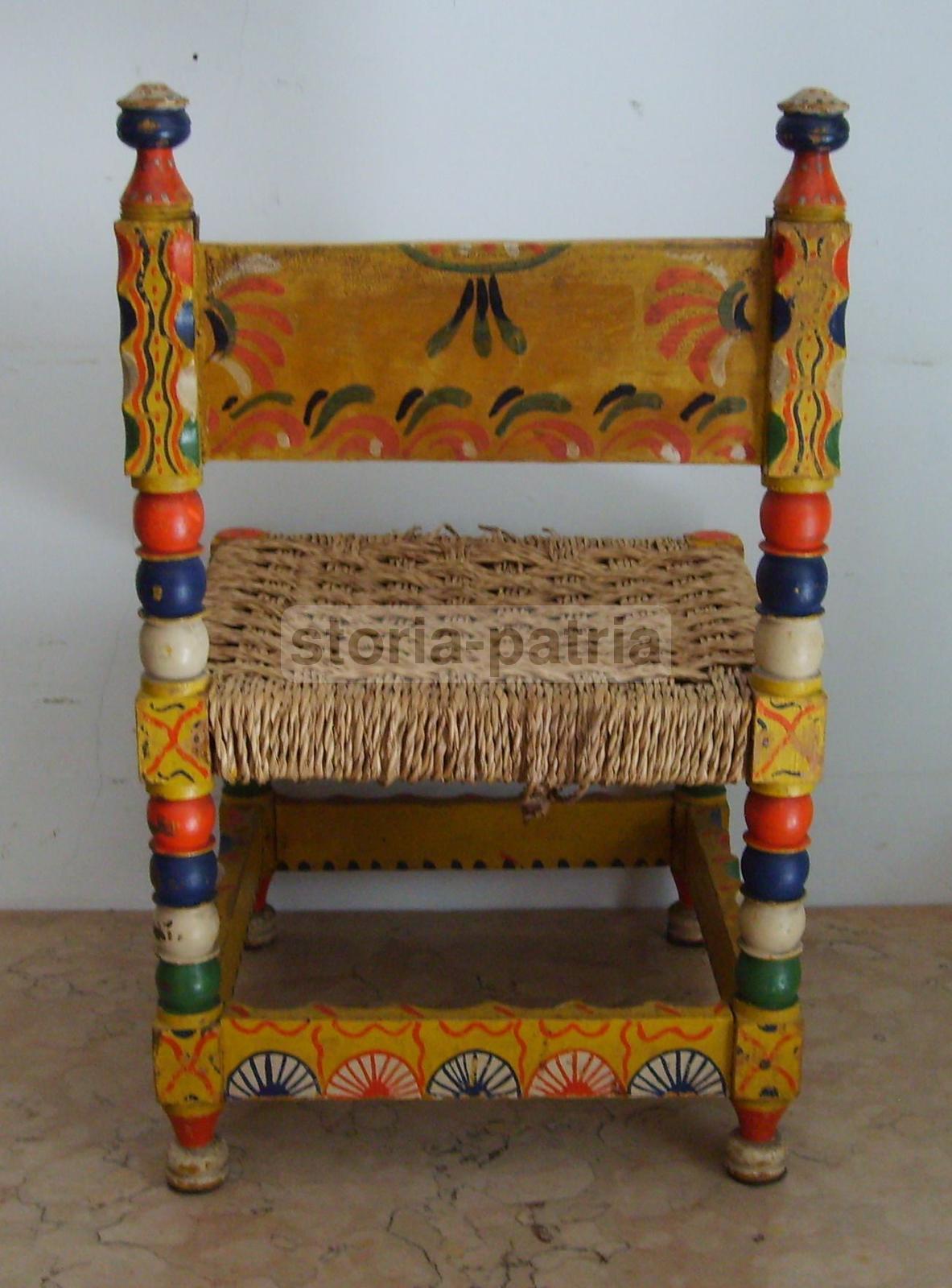 Arte Popolare Italiana, Antica Ebanisteria, Piccola Sedia Impagliata, Dipinta, Bella immagine 5
