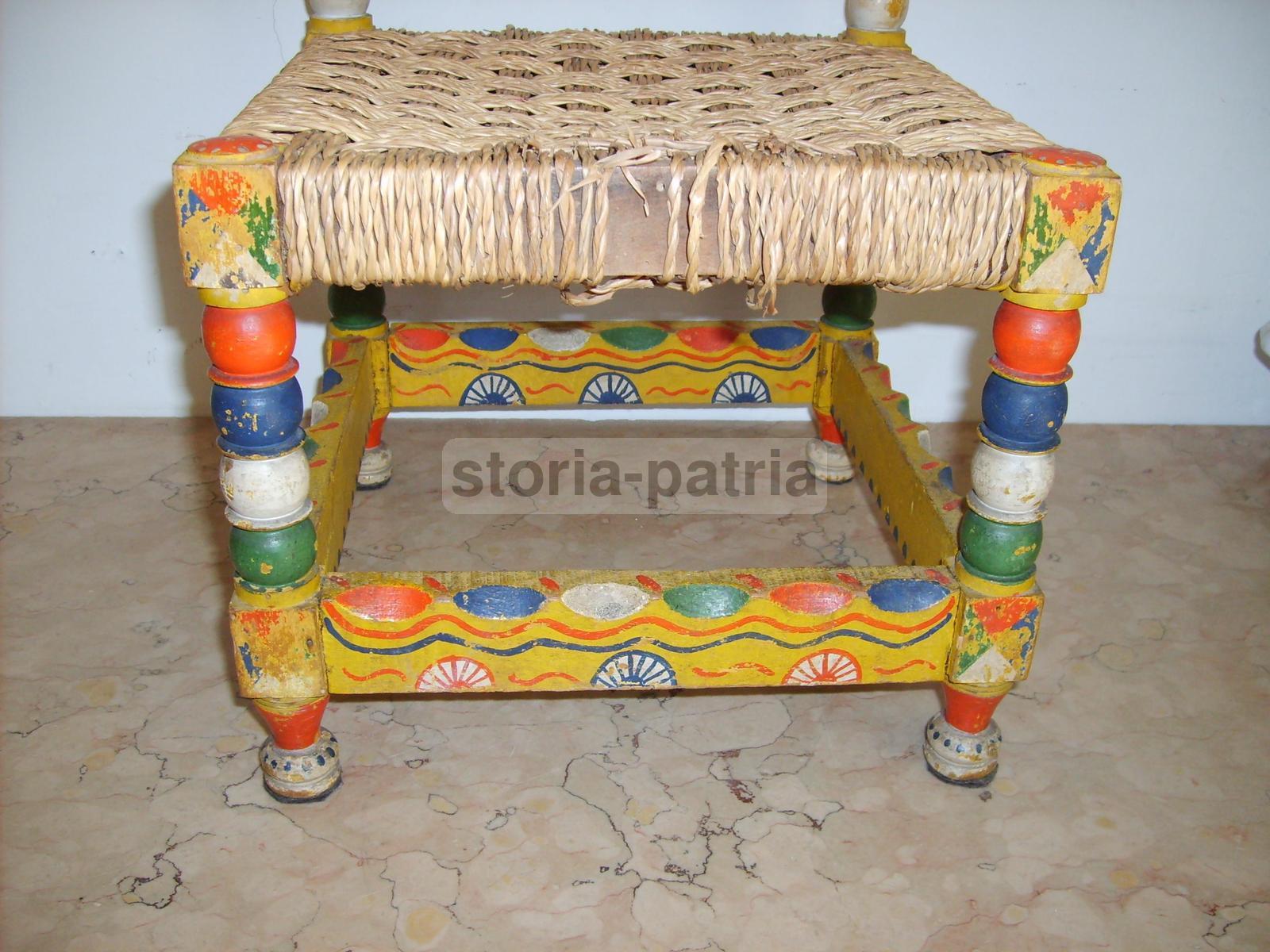 Arte Popolare Italiana, Antica Ebanisteria, Piccola Sedia Impagliata, Dipinta, Bella immagine 14