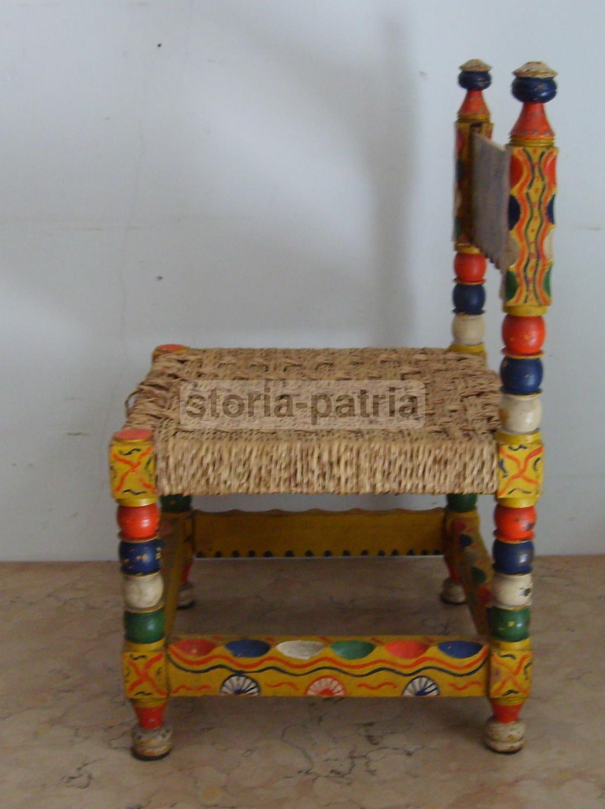 Arte Popolare Italiana, Antica Ebanisteria, Piccola Sedia Impagliata, Dipinta, Bella immagine 19