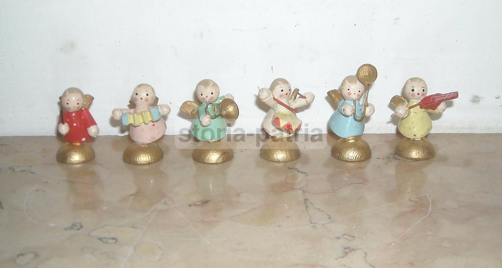 Grazioso Insieme Di Ben Sei Mini Angioletti Musicanti, Legno Laccato, Da Vetrina immagine 1